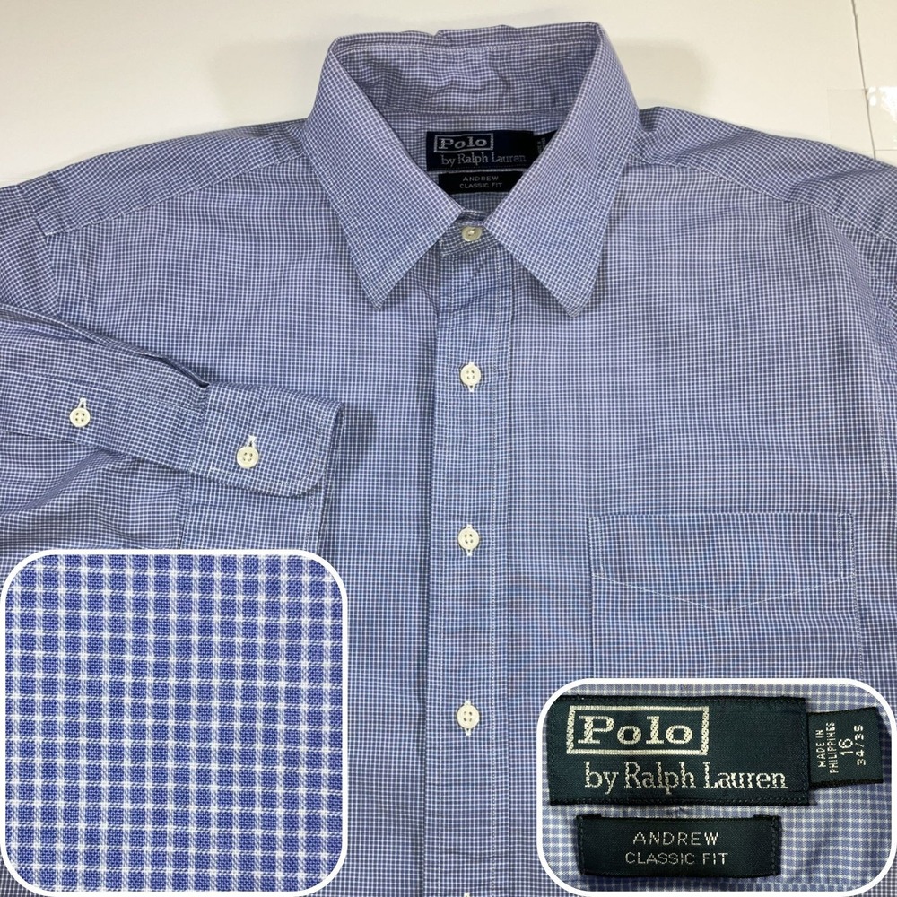 Vintage Polo Ralph Lauren Andrew Dress Shirt Mens 16 34/35 Blue Mini Check